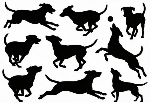 Black Dog Silhouettes Running, Playing