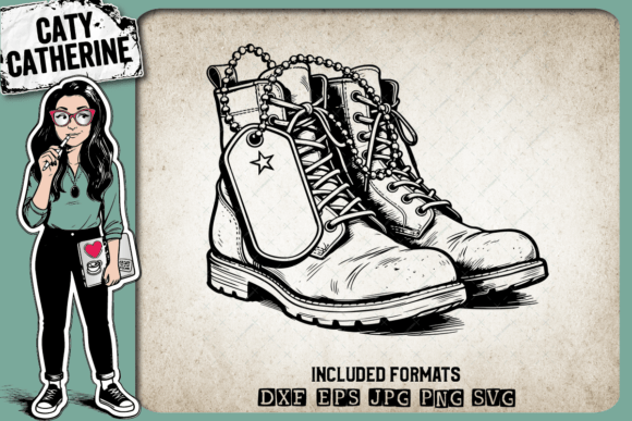 Military Boots with Dog Tags and Star Embroidery Design